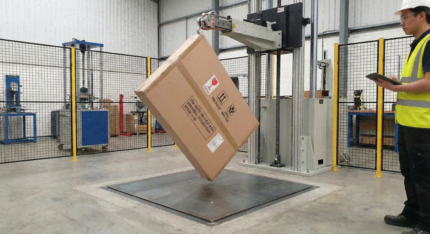 ista-3a-furniture-drop-test-action：ISTA-3A compliant 1-meter drop test verification for curved coffee table collections.